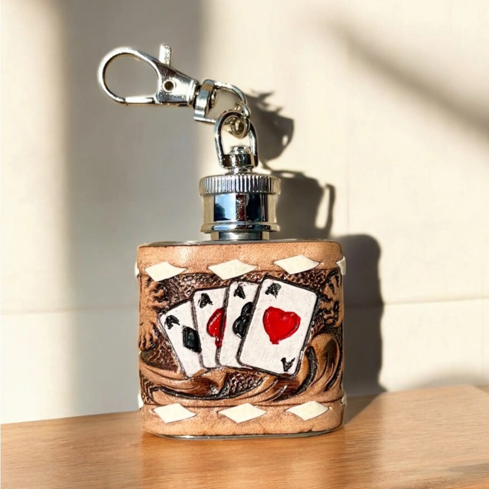 Leather Card Design Keychain Flask